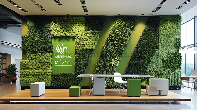 Artificial Green Wall Office Modern office interior with an expansive artificial green wall and a company logo.