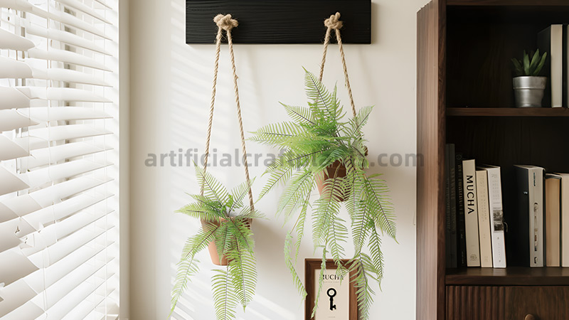 Two hanging artificial fern plants in brown pots with rope hangers, mounted on a black wooden board.