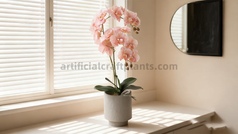 Artificial pink phalaenopsis orchid Realistic artificial pink phalaenopsis orchid on a windowsill