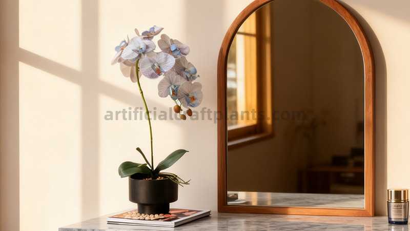 Realistic artificial purple-white orchid on a marble dresser with mirror