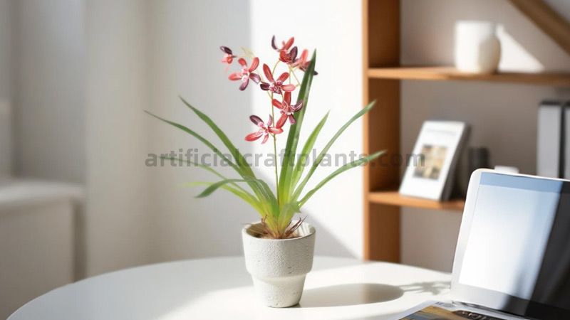 Artificial red orchid plant Small artificial red orchid in a pot on a modern office desk