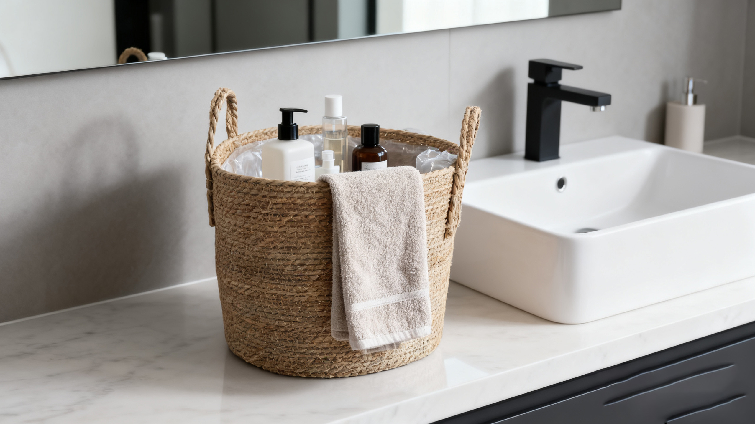 Bathroom Woven Basket Woven rope basket with toiletries and a towel on a bathroom counter.