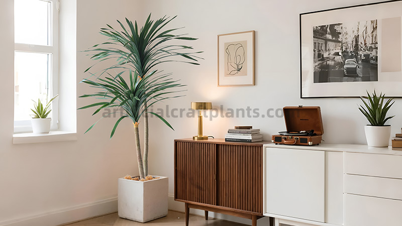 Dragon Tree Decor Faux Dracaena marginata tree in modern white square planter