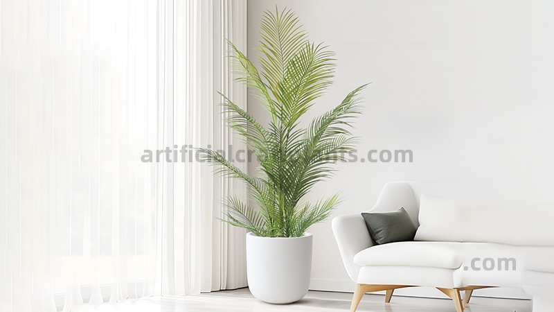 Large Faux Palm Artificial Areca palm plant in white planter next to sofa
