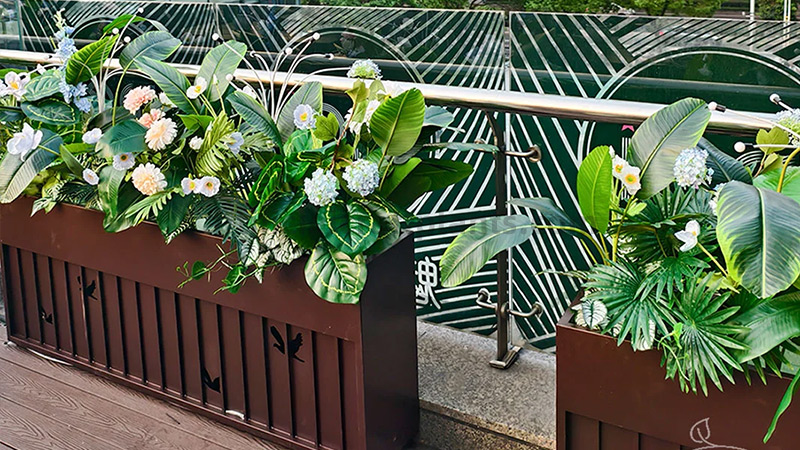 Outdoor planters with tropical plants Lush outdoor planters with tropical and flowering plants in a modern setting