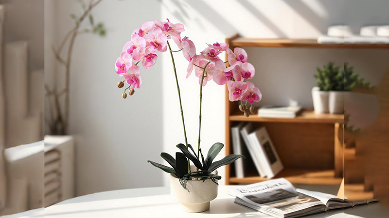 Pink artificial orchids Two stems of pink artificial orchids on a white desk with shelves