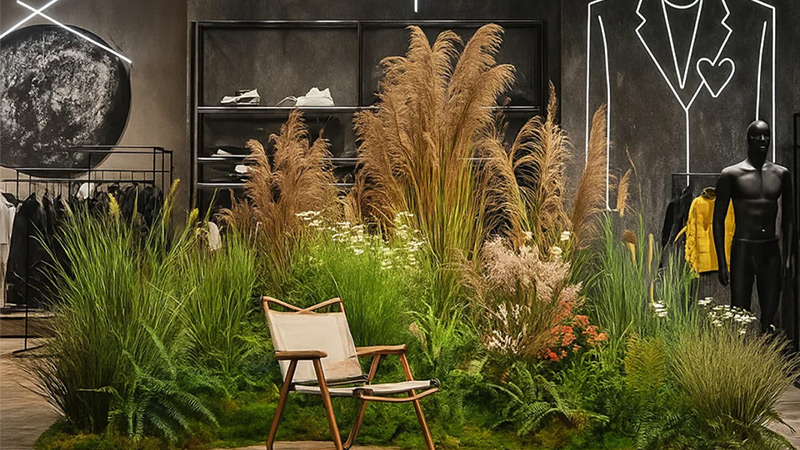 Store Display Plants Artificial grassy landscape with pampas grass inside a store