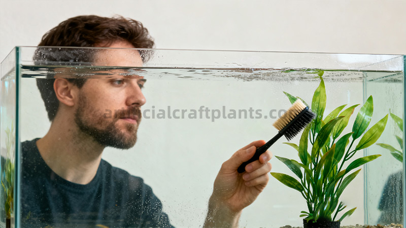Watering artificial bird of paradise Man watering a large artificial bird of paradise plant in a backyard