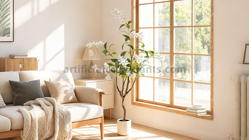 Faux plant home decor Elegant tall white artificial plant in bright living room window