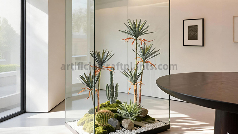 Faux Desert Glass Box Artificial desert landscape terrarium with faux Yucca plants