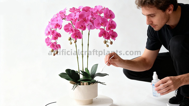 Faux Orchid Cleaning Guide Man cleaning pink artificial Phalaenopsis orchid with cotton swab