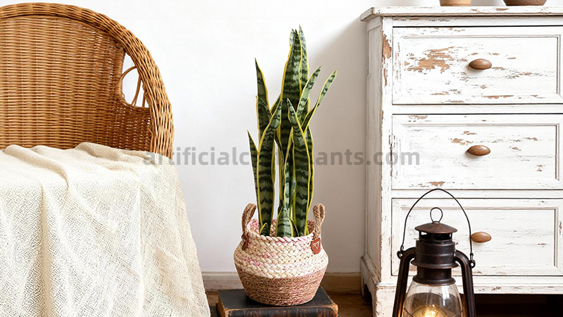 Faux Sansevieria Decor Artificial snake plant in woven basket planter on rustic dresser