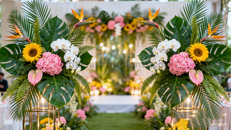 Tropical Wedding Flowers Lush tropical floral wedding arrangement with Monstera leaves and Birds of Paradise