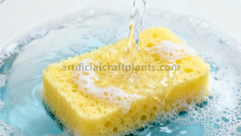 Washing Kitchen Sponge Yellow cleaning sponge being rinsed with water and soap