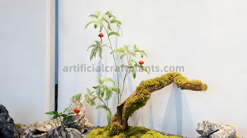 Zen Bonsai Micro Landscape Artificial bonsai with moss, rocks, and red lantern accents