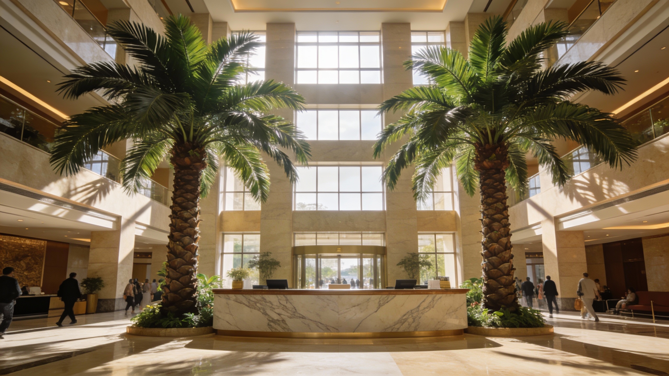 A sophisticated hotel or corporate lobby featuring large, realistic faux palm trees that enhance the professional ambiance.