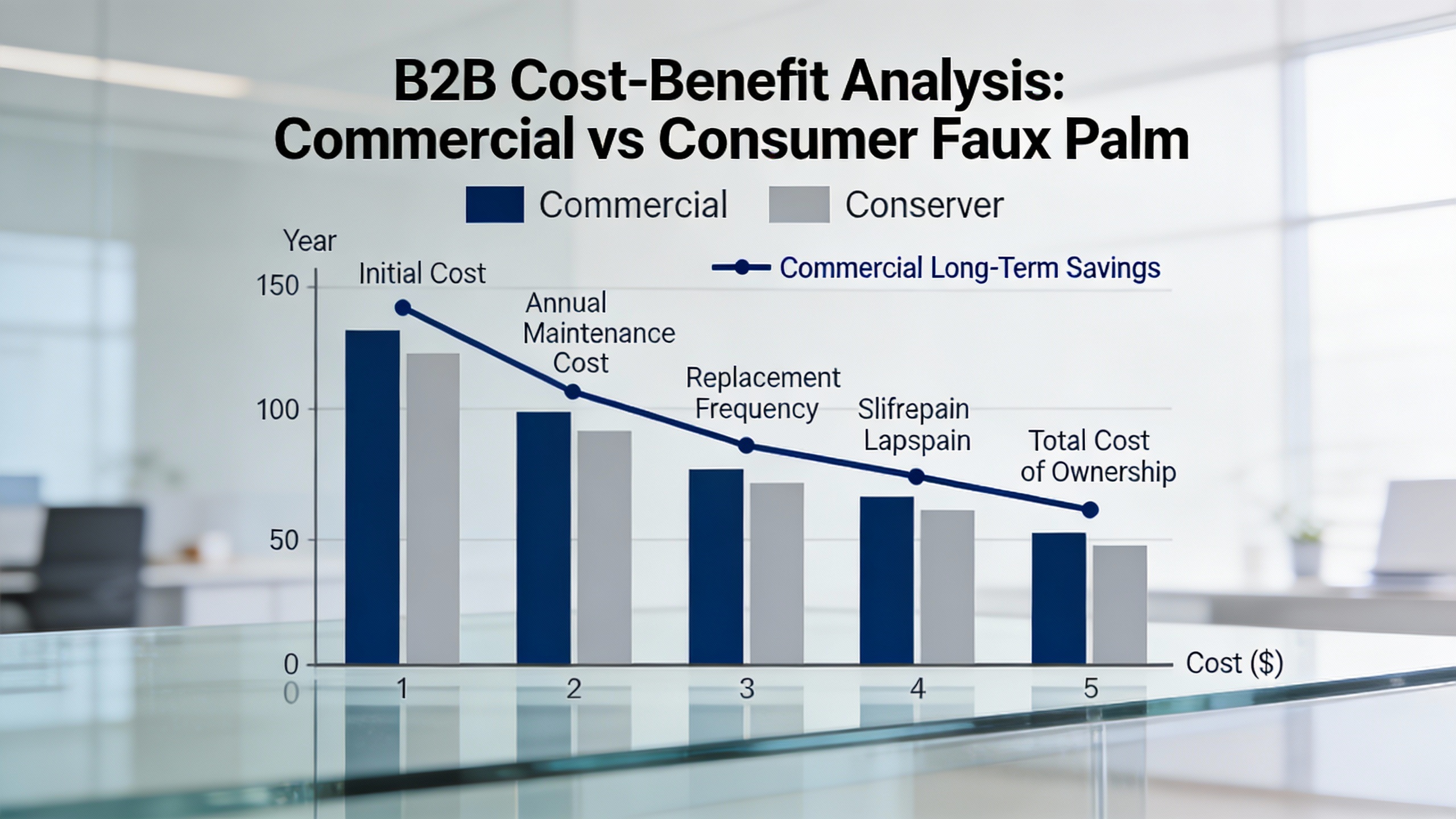 A professional infographic chart comparing the long-term cost and benefits of commercial-grade versus consumer-grade faux palm trees.