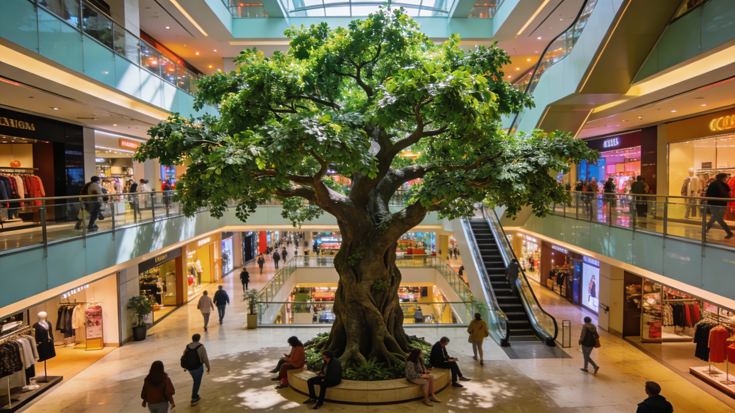 A spacious, modern shopping mall atrium featuring a large, lush artificial ficus tree as a central display, with shoppers milling around it.