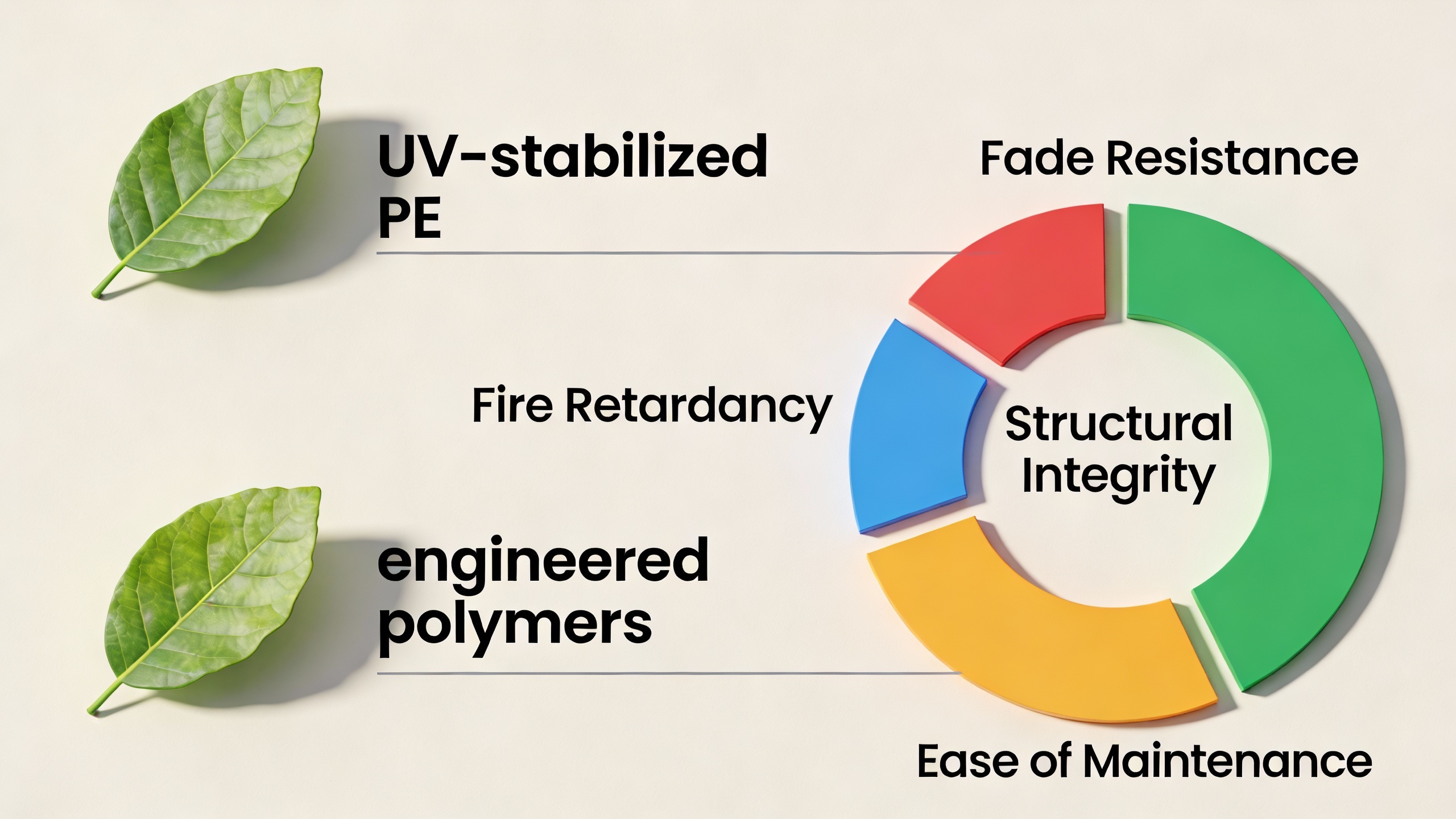 An infographic chart visually comparing the key properties of different faux plant materials, such as fade resistance and durability.