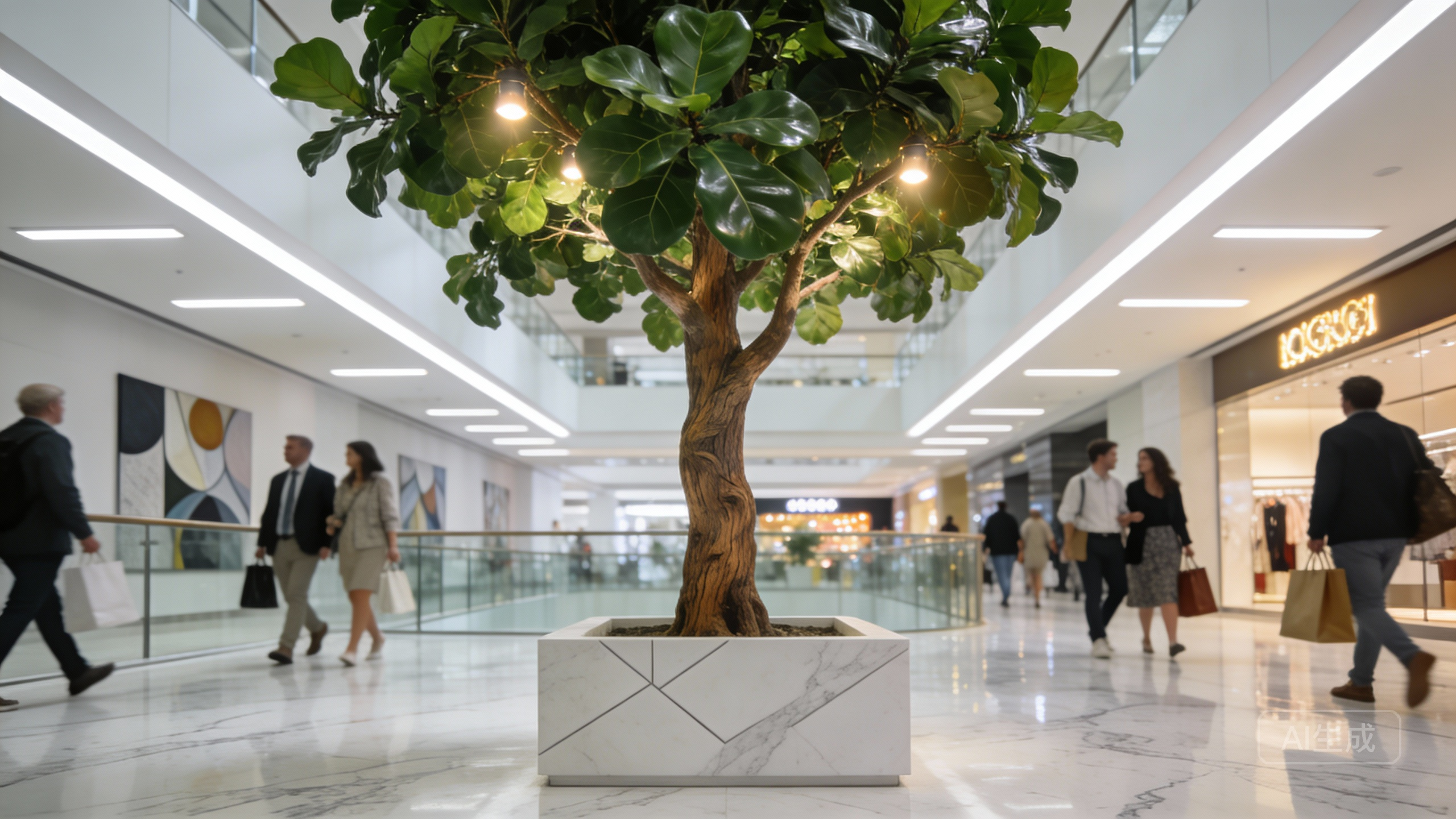 A lush artificial ficus tree displayed as a centerpiece in a modern shopping mall atrium, with shoppers in the background.