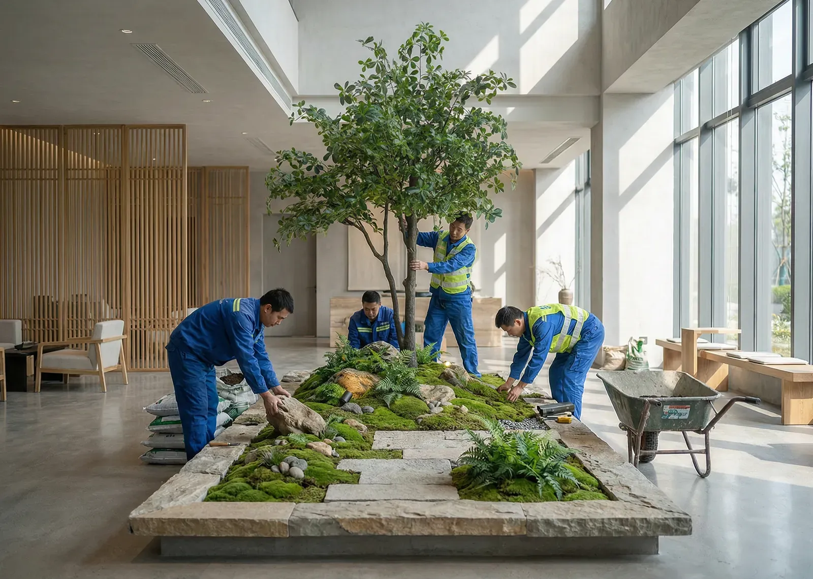 Custom large artificial tree installed in a commercial space with visible scale reference