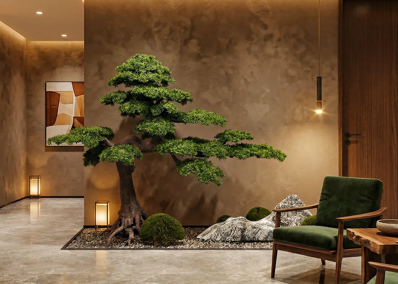 Artificial pine trees arranged for holiday and commercial display programs