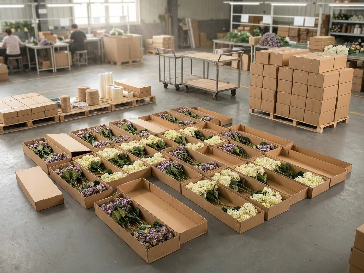 Packed artificial decor goods prepared for export shipment